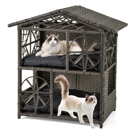 2-storey wicker cat house rattan kitten condo enclosure with removable cushions-gray