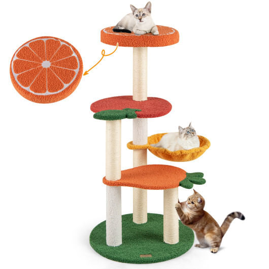 Multi-level cat tree pet activity center with fruit-shaped platforms-red and orange