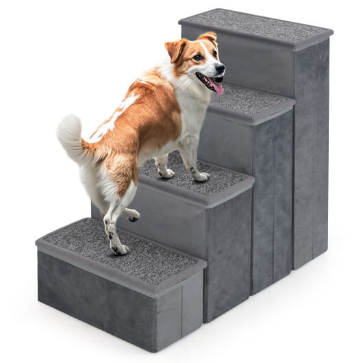 4-step dog stairs non-slip foldable dog ramp with adjustable steps-grey