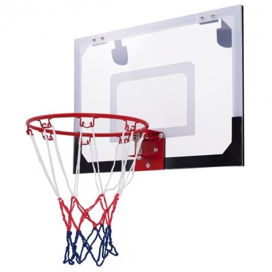 Over-the-door mini basketball hoop includes basketball and 2 nets