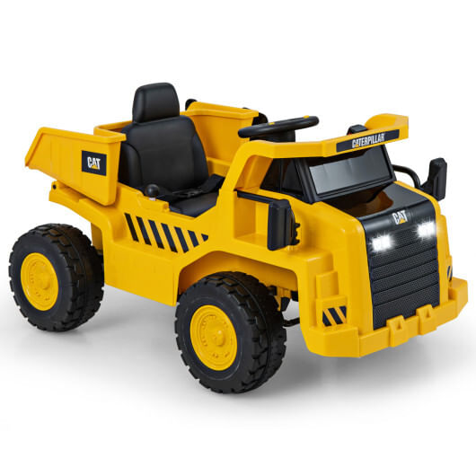 12v caterpillar licensed kids ride on dump truck with tiltable bump bed-yellow