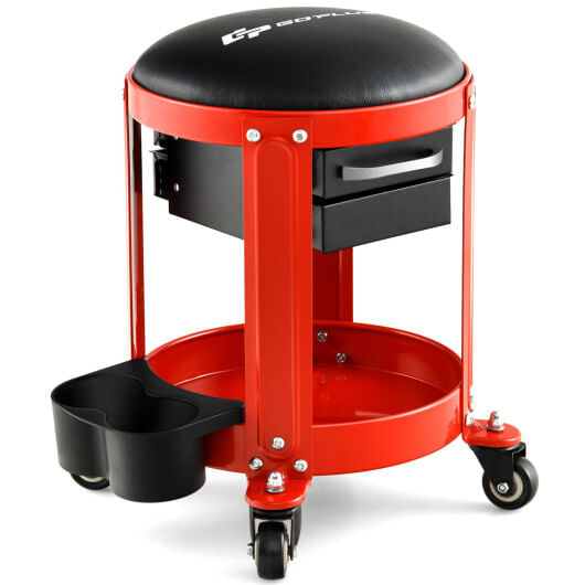 Rolling mechanic stool with removable padded seat and drawers - color: black & red