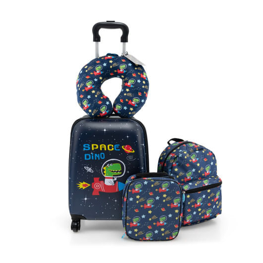 5 piece kids luggage set with backpack  neck pillow  name tag  lunch bag-dark blue - color: dark blue