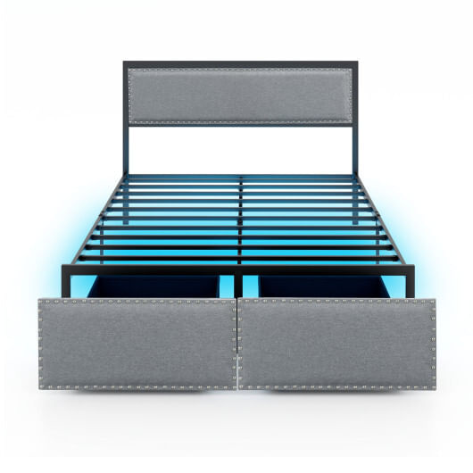 Full/queen/twin size bed frame with led lights drawer and metal slats-full size - color: gray - size: full size