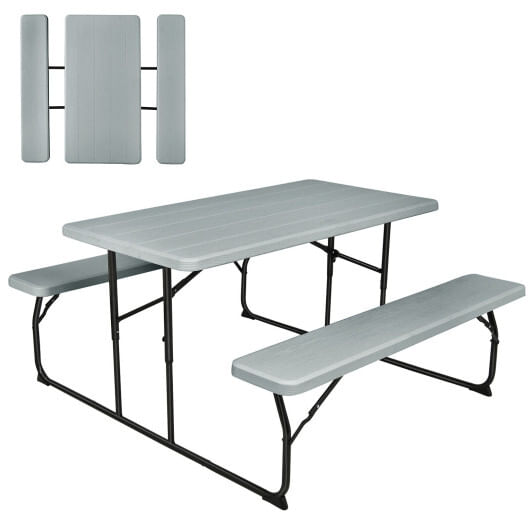 Indoor and outdoor folding picnic table bench set with wood-like texture-gray - color: gray