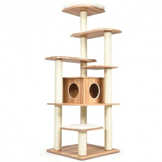 7-layer wooden cat tree tall cat tower with sisal posts and condo-natural - color: natural