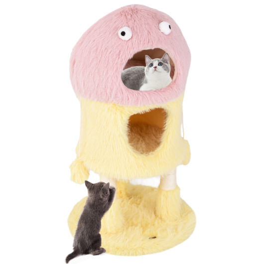 Cute monster-themed cat tower with 2 private condos and 3-level activity center-yellow - color: yellow - size: 3-tier