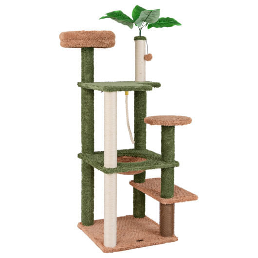 Multilevel cat tree with scratching posts and rope plush perch toy bed-green - color: green