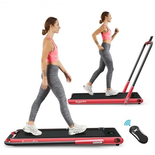 2-in-1 folding treadmill with remote control and led display-red - color: red