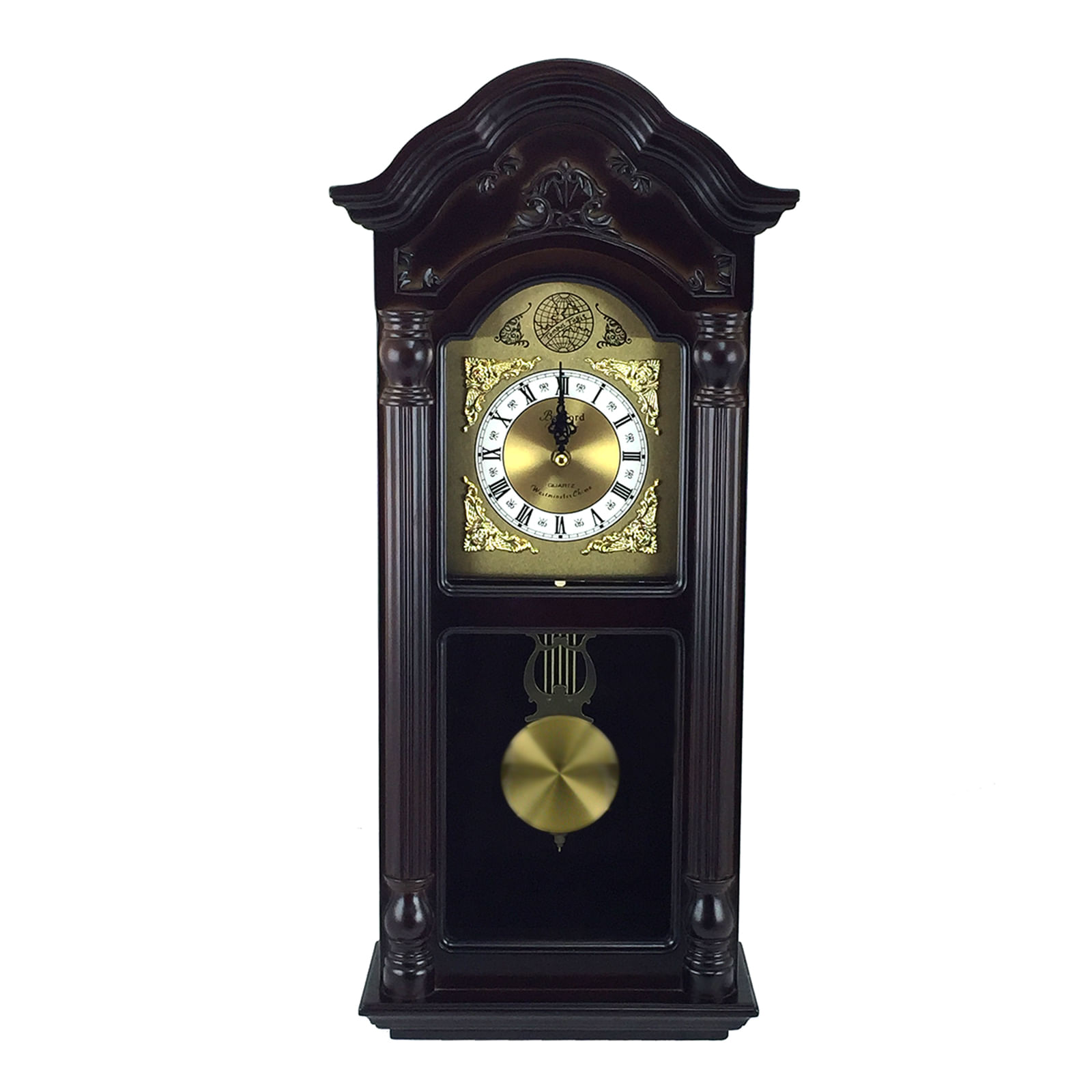 Bedford clock collection 25.5 inch antique mahogany cherry oak chiming wall clock with roman numerals