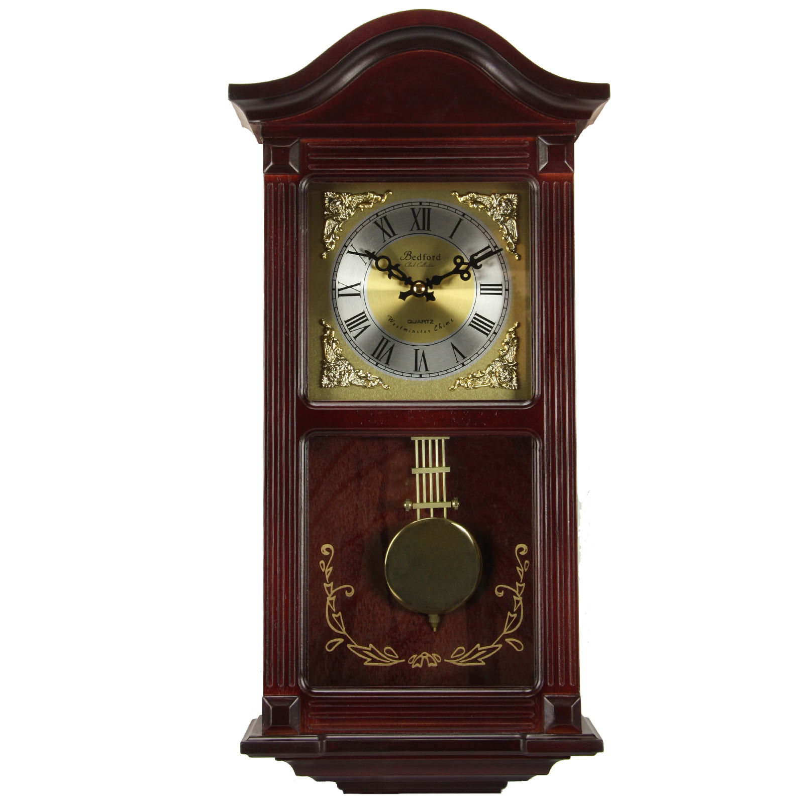 Bedford clock collection 22 inch wall clock in mahogany cherry oak wood with brass pendulum and 4 chimes