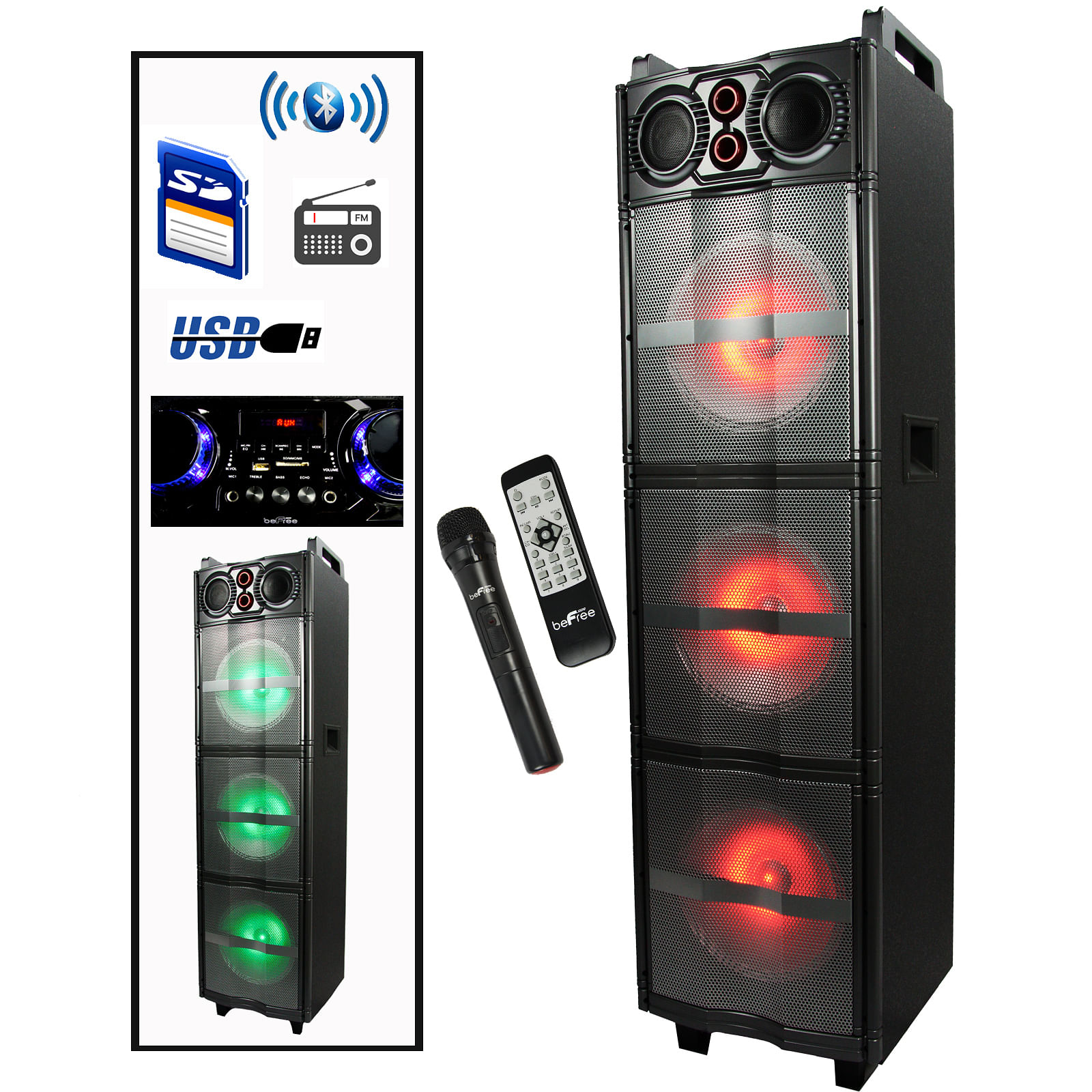 Befree sound triple 10 inch portable bluetooth subwoofer speaker with party lights