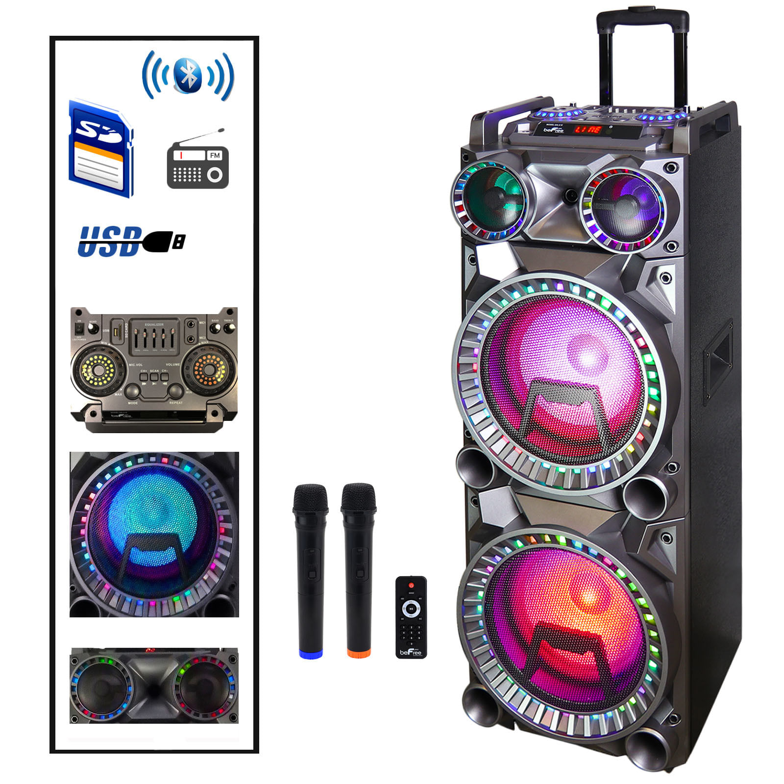 Befree sound 700w dual 10 inch subwoofer bluetooth portable party speaker with sound reactive party lights, usb/ sd input, rechargeable battery, remote control and 2 wireless microphones