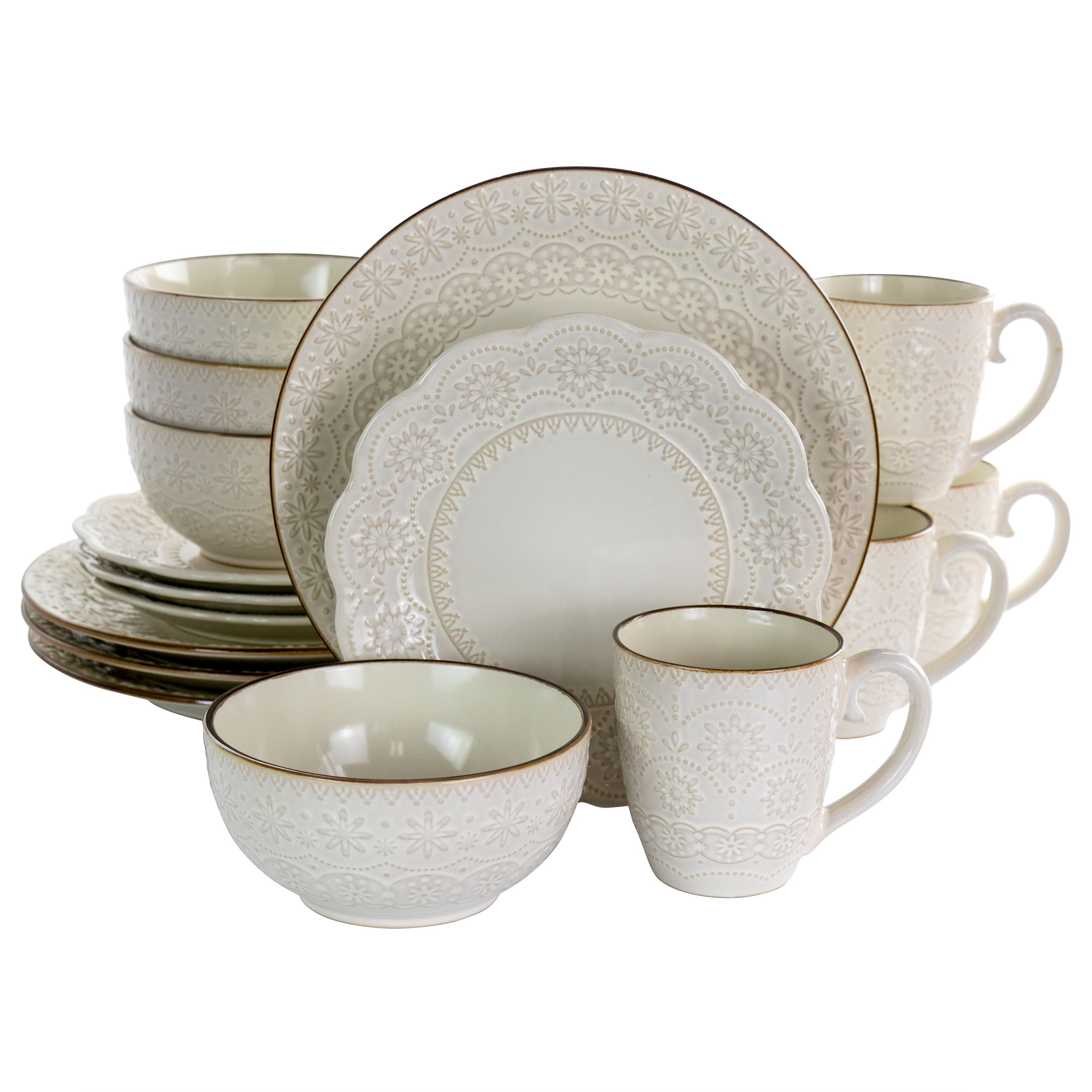 Elama contessa 16 piece embossed scalloped stoneware dinnerware set in ivory