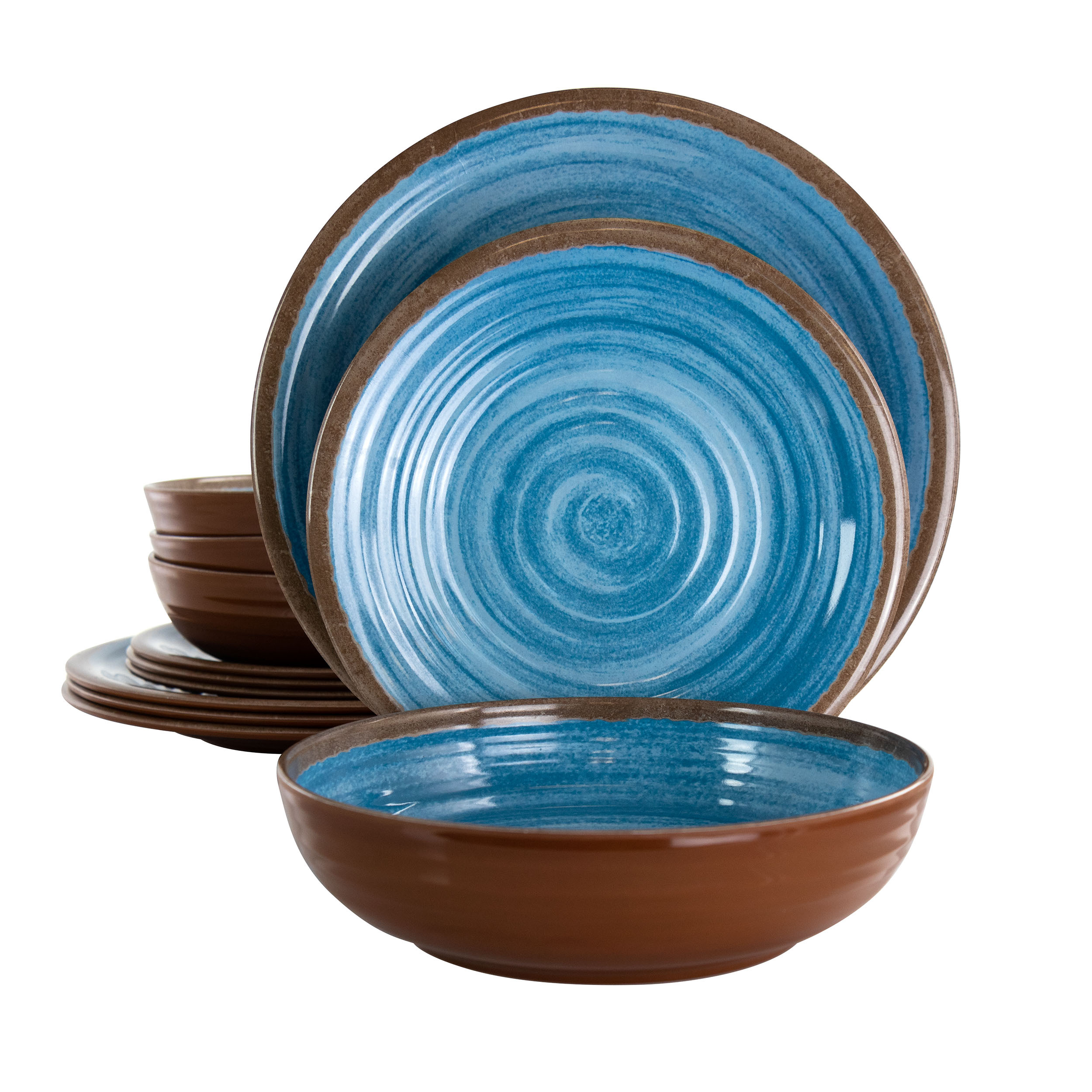 Elama rippled tides 12 piece lightweight melamine dinnerware set in blue
