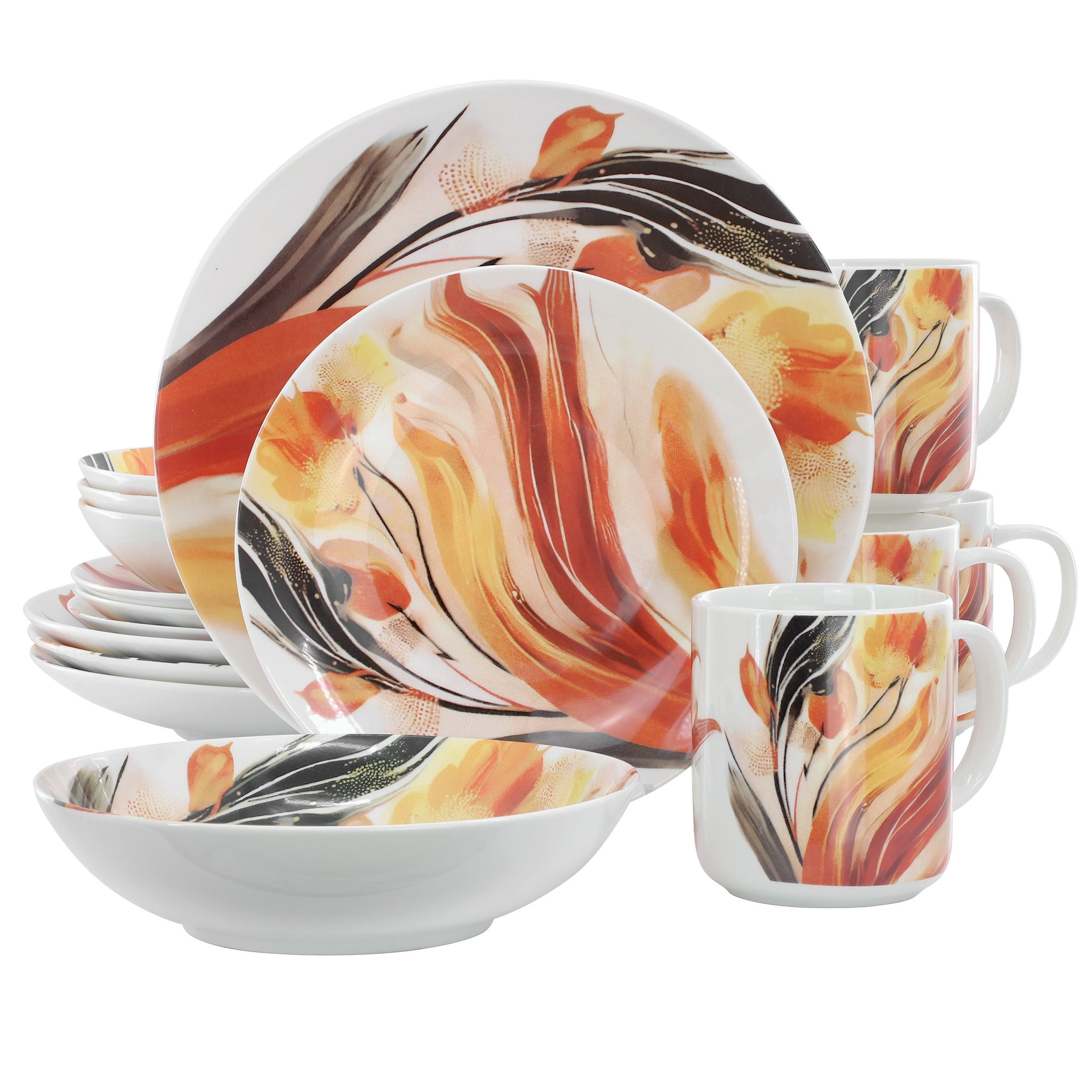 Elama tulip fields 16 piece round porcelain dinnerware set