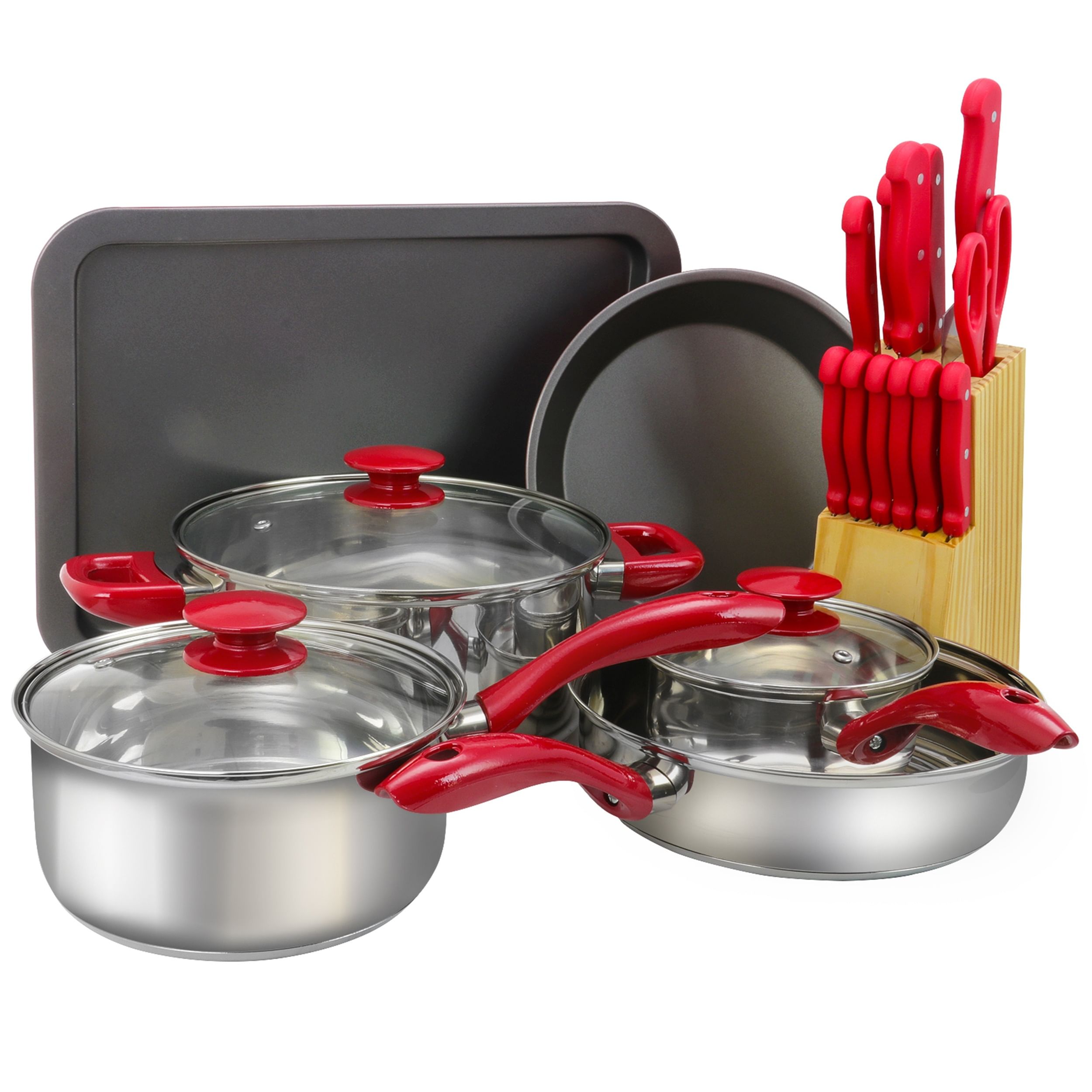 Megachef 22 piece aluminum cookware combo set in red