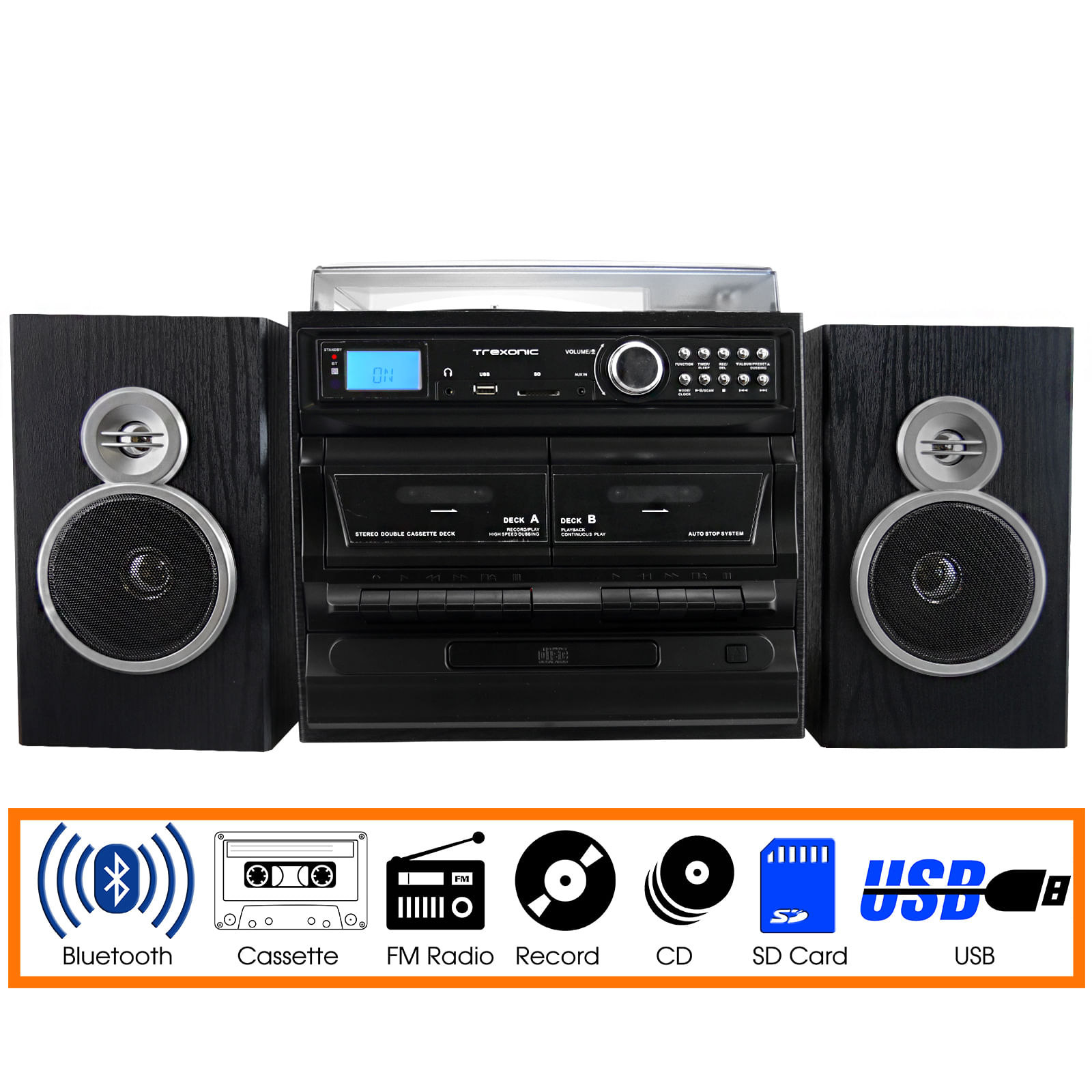 Trexonic 3-speed vinyl turntable home stereo system with cd player, dual cassette player, bluetooth, fm radio &amp; usb/sd recording and wired shelf speakers