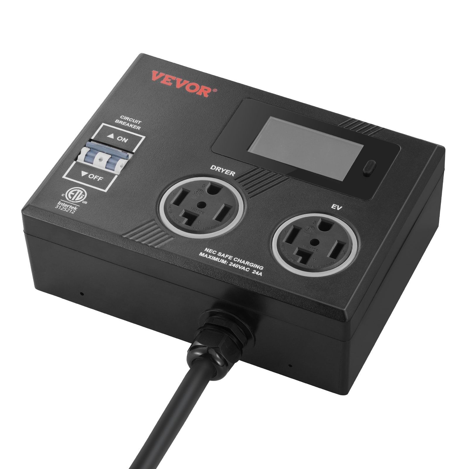 Nema splitter for dryer and ev, 3-color led indicator, 240v smart power distribution, with nema 14-30 plug, two nema 14-30 outlets, 3.4 in lcd screen, max 24a dryer ev, tested to etl standard