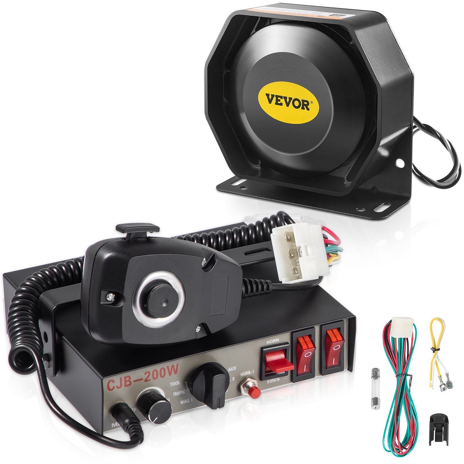 Vevor 200w siren bundle 8 tones emergency warning siren with pa speaker mic system vehicle siren box fit for police, ambulance, fire fighting and engineer vehicles