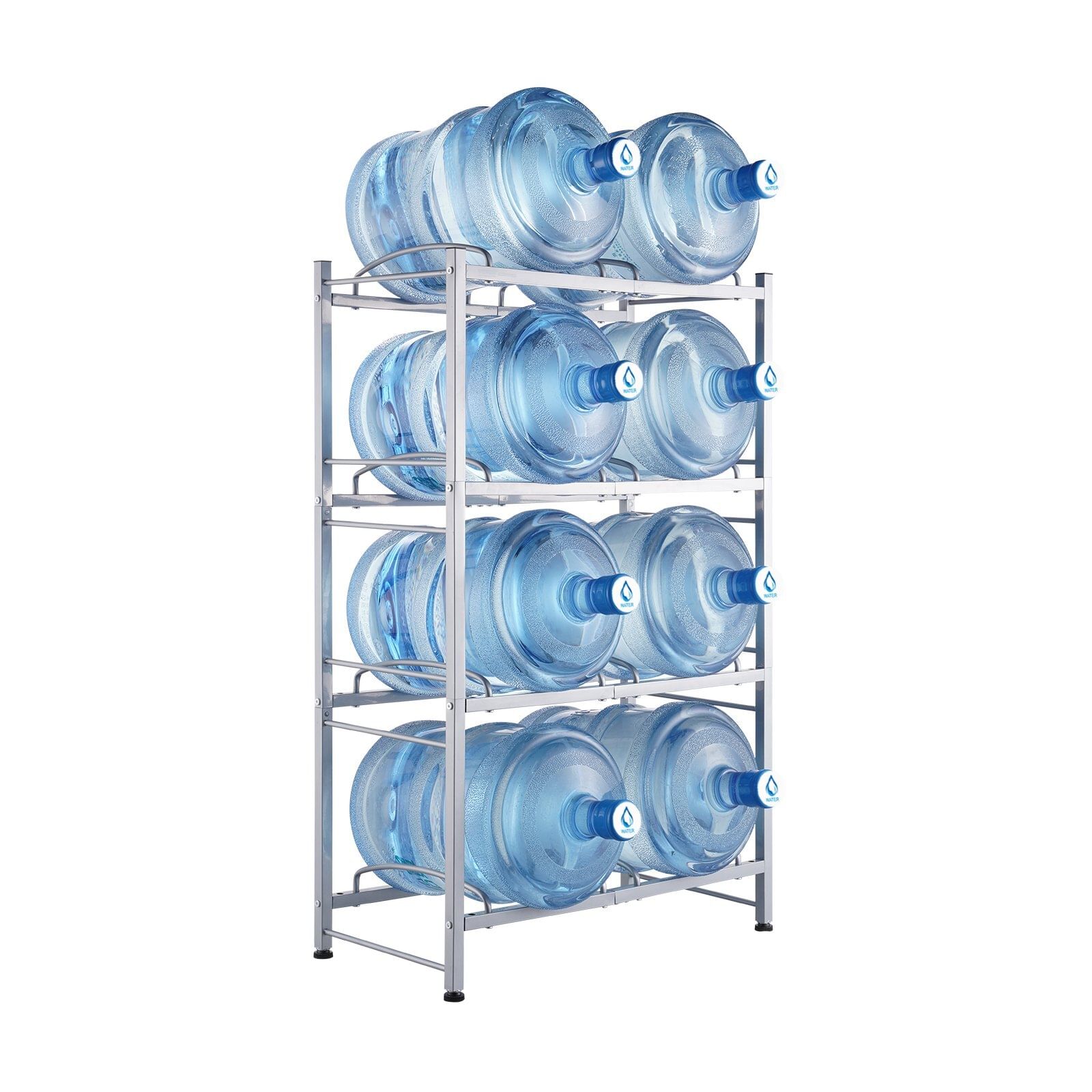 4 tiers water jug holder, 5 gallon water bottle holder, double row water bottle rack for 8 bottles, heavy duty water jug rack for kitchen, office, living room, silver