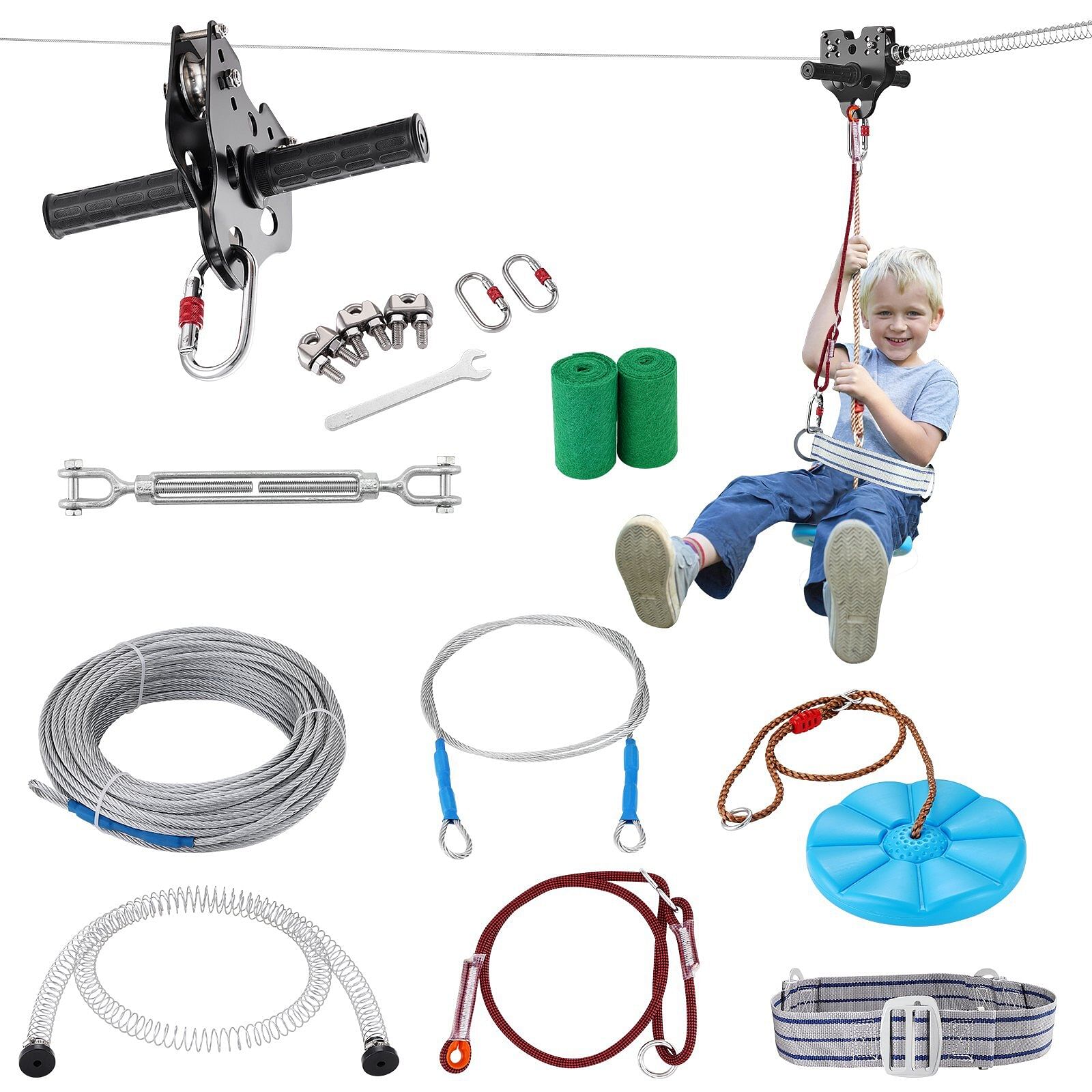 Vevor zipline kit for kids and adult, 120 ft zip line kits up to 500 lb, backyard outdoor quick setup zipline, playground entertainment with stainless steel zipline, spring brake, safety harness, seat