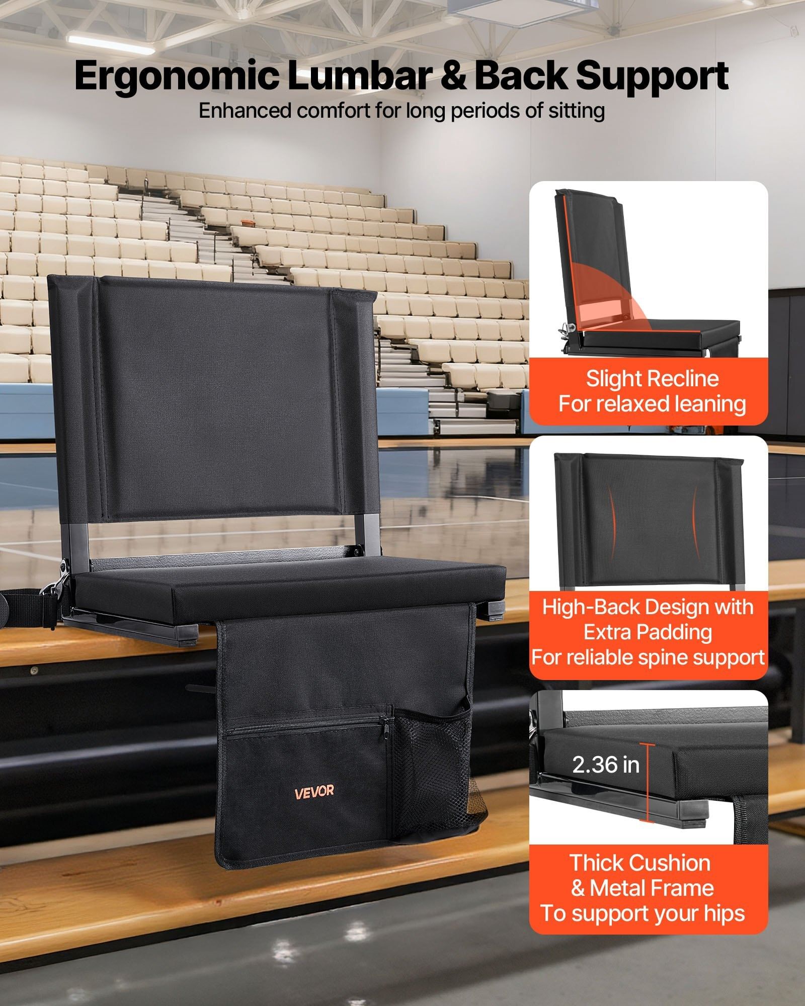 Stadium seat, folding bleacher seat with back support and thick cushion, padded stadium seats for bleacher includes shoulder strap, hooks, cup holder, and side pocket, black bleachers chair