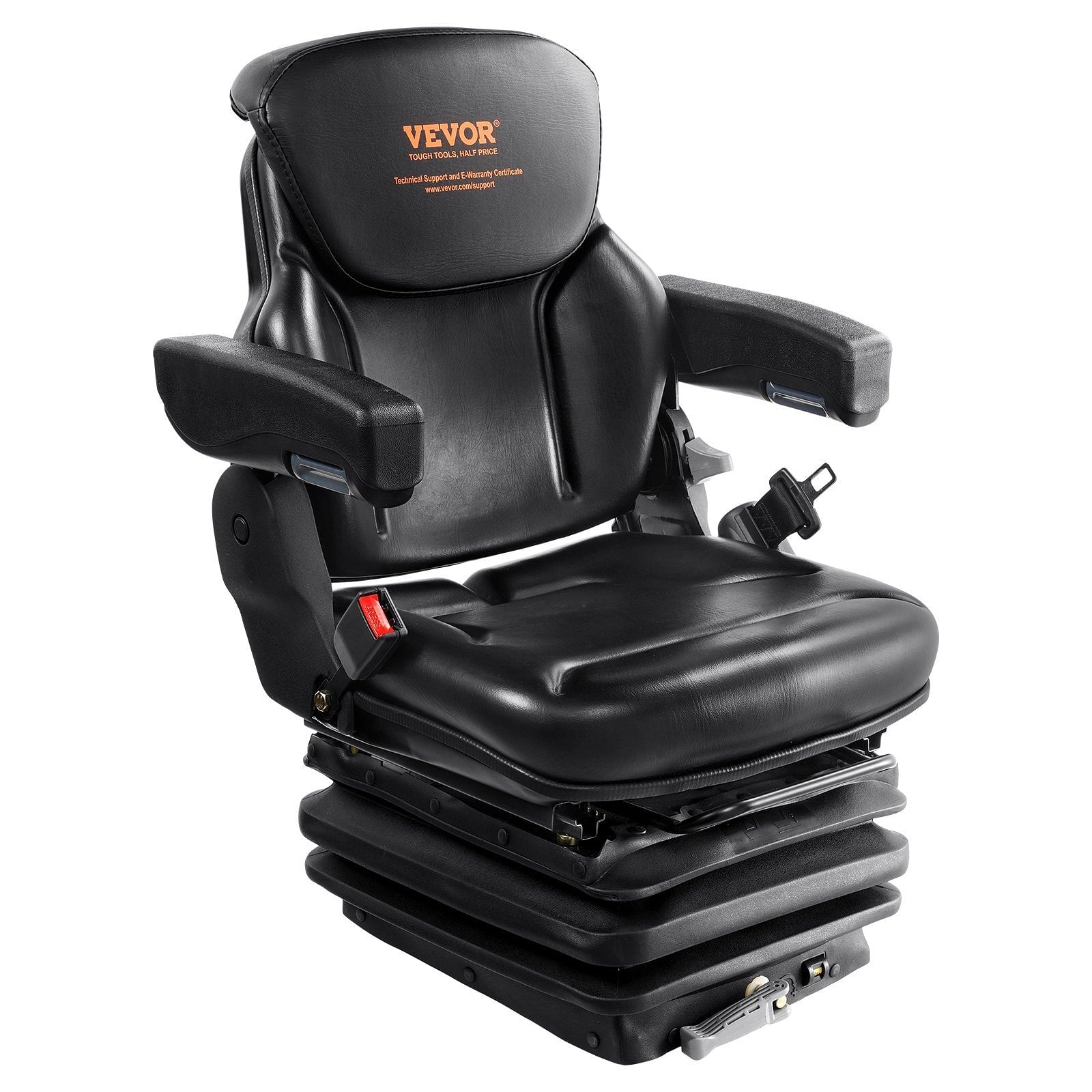 Vevor universal tractor seat suspension, fold down forklift seat with adjustable angle back, micro switch, seatbelt and armrests, 3-level shock absorption tractor seat for tractor loader excavator