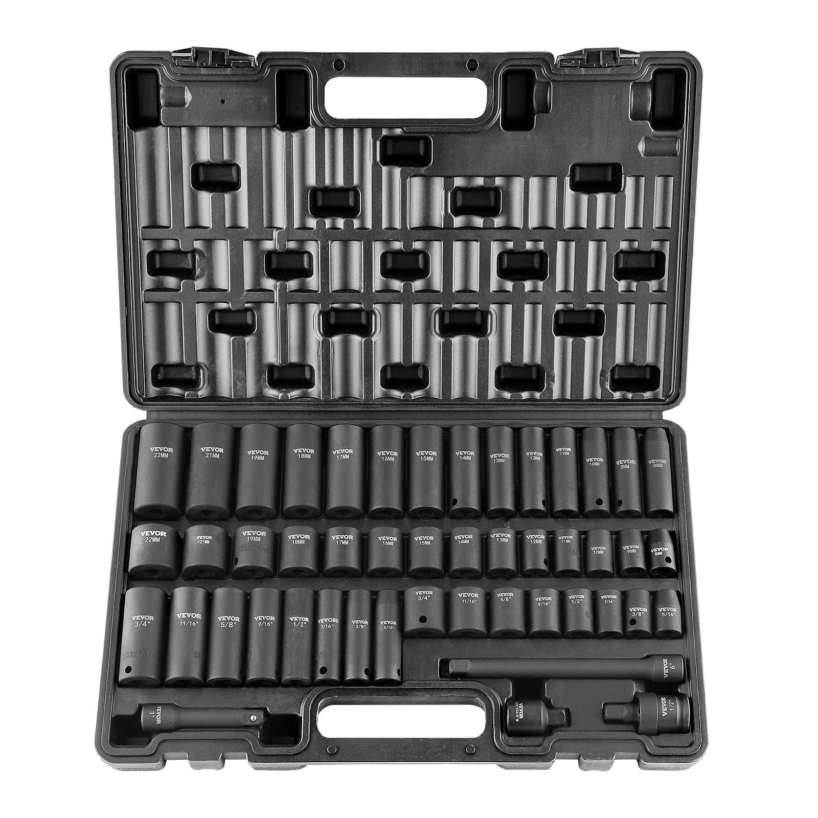 Vevor 3/8" drive impact socket set, 48 piece socket set sae (5/16" -3/4") & metric (8-22mm)6 point cr-v drive extension bar universal joint & power drill adapter includes storage case