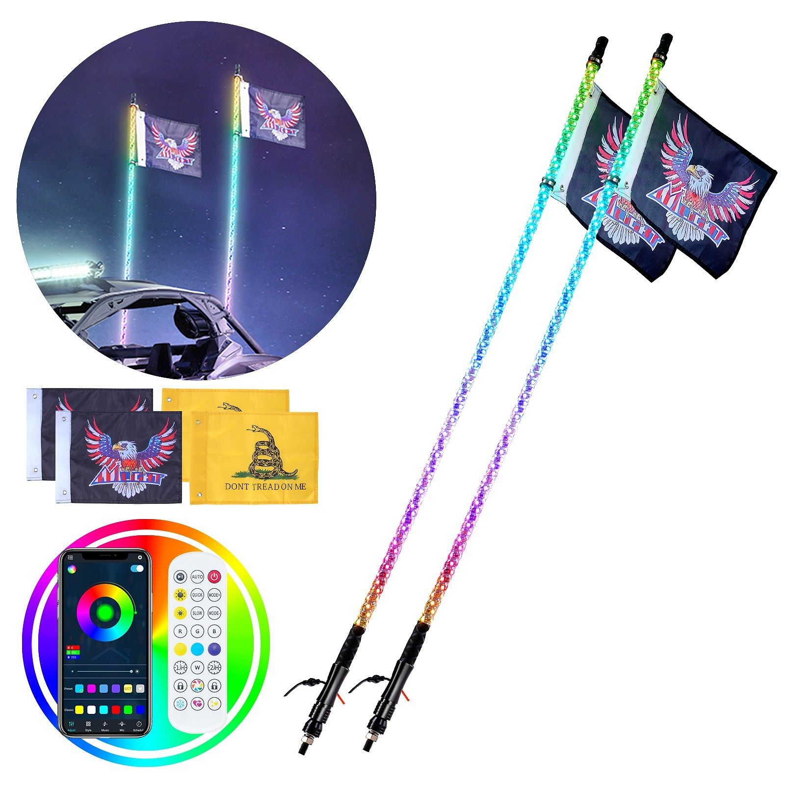 Vevor 2 pcs 4 ft whip light, app & rf remote control led whip light, waterproof 360?&deg; spiral rgb chasing lighted whips with 4 flags, for utvs, atvs, motorcycles, rzr, can-am, trucks, off-road, go-karts
