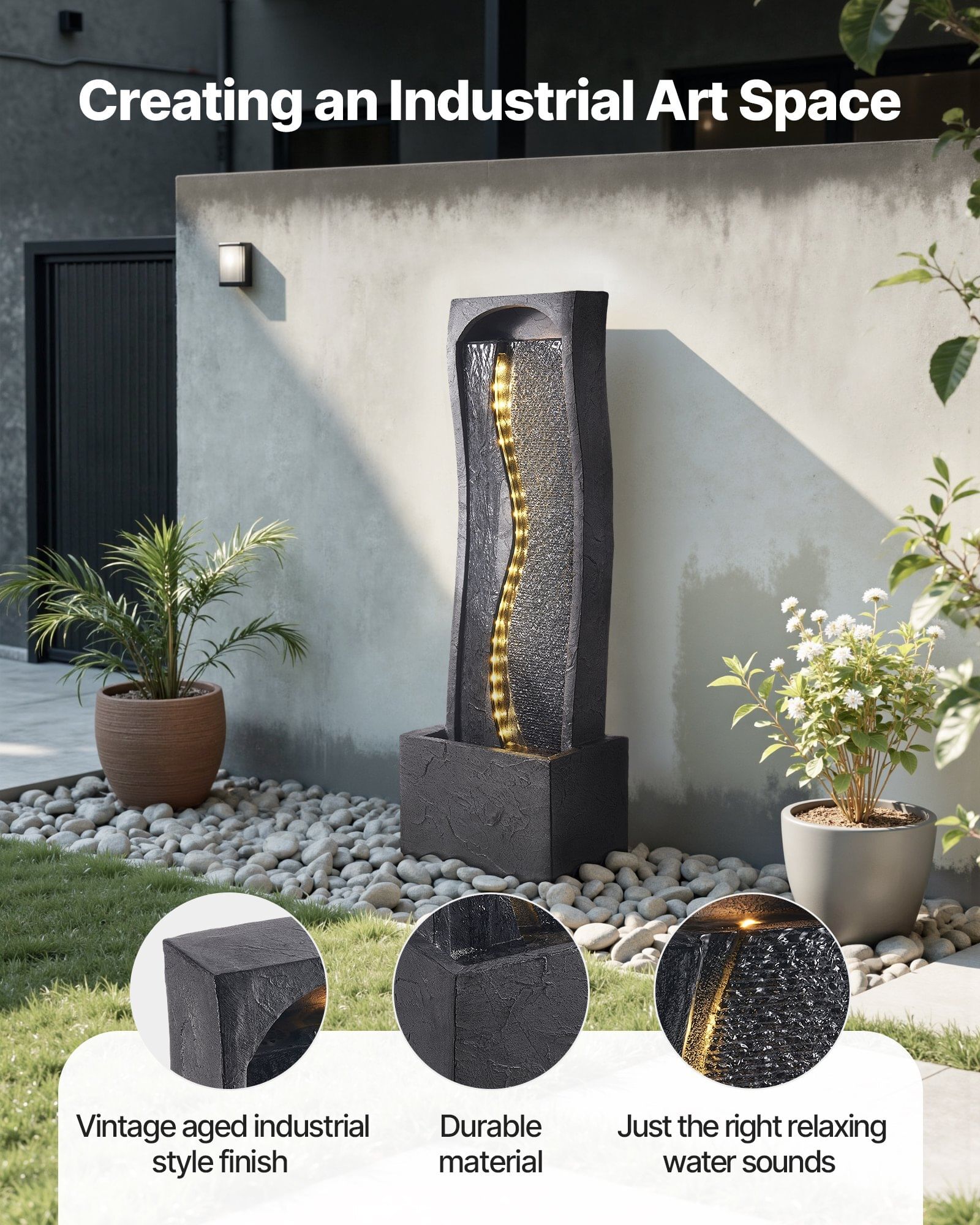 Outdoor water fountain, 38.58 in height fountain and waterfall, 1-tier floor standing rock base style fountains with with led light and pump, for outdoor indoor garden, home, patio & backyard