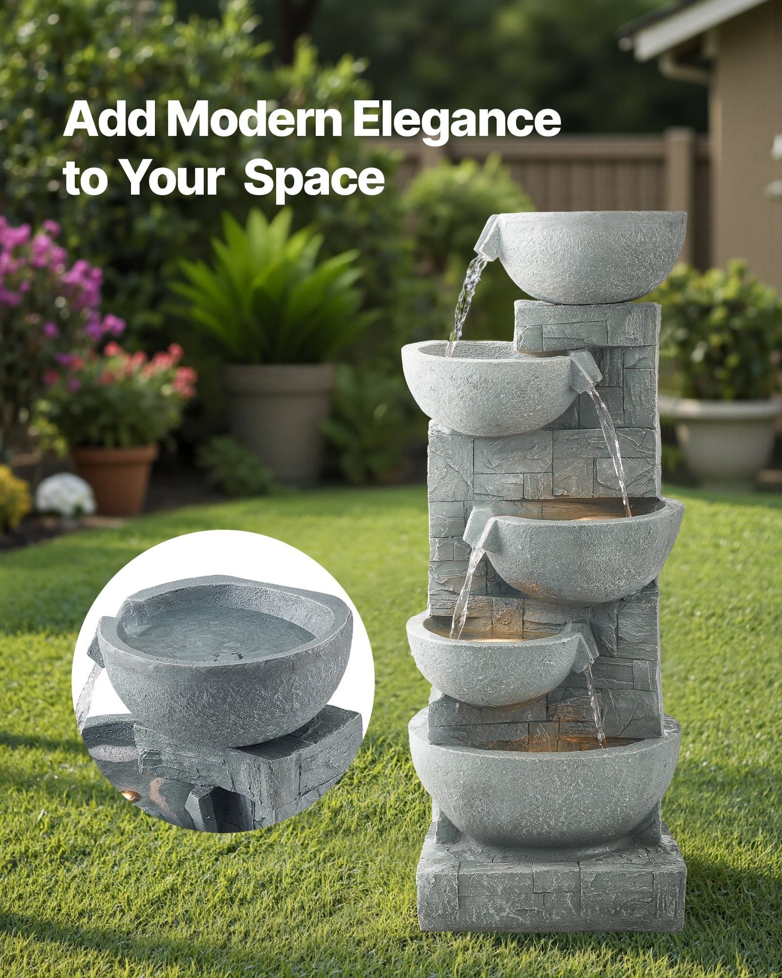Outdoor water fountain, 31.5 in height fountain and waterfall, 5-tier floor standing bowl-shaped cascading fountains with led light and pump, for outdoor indoor garden, home, patio & backyard