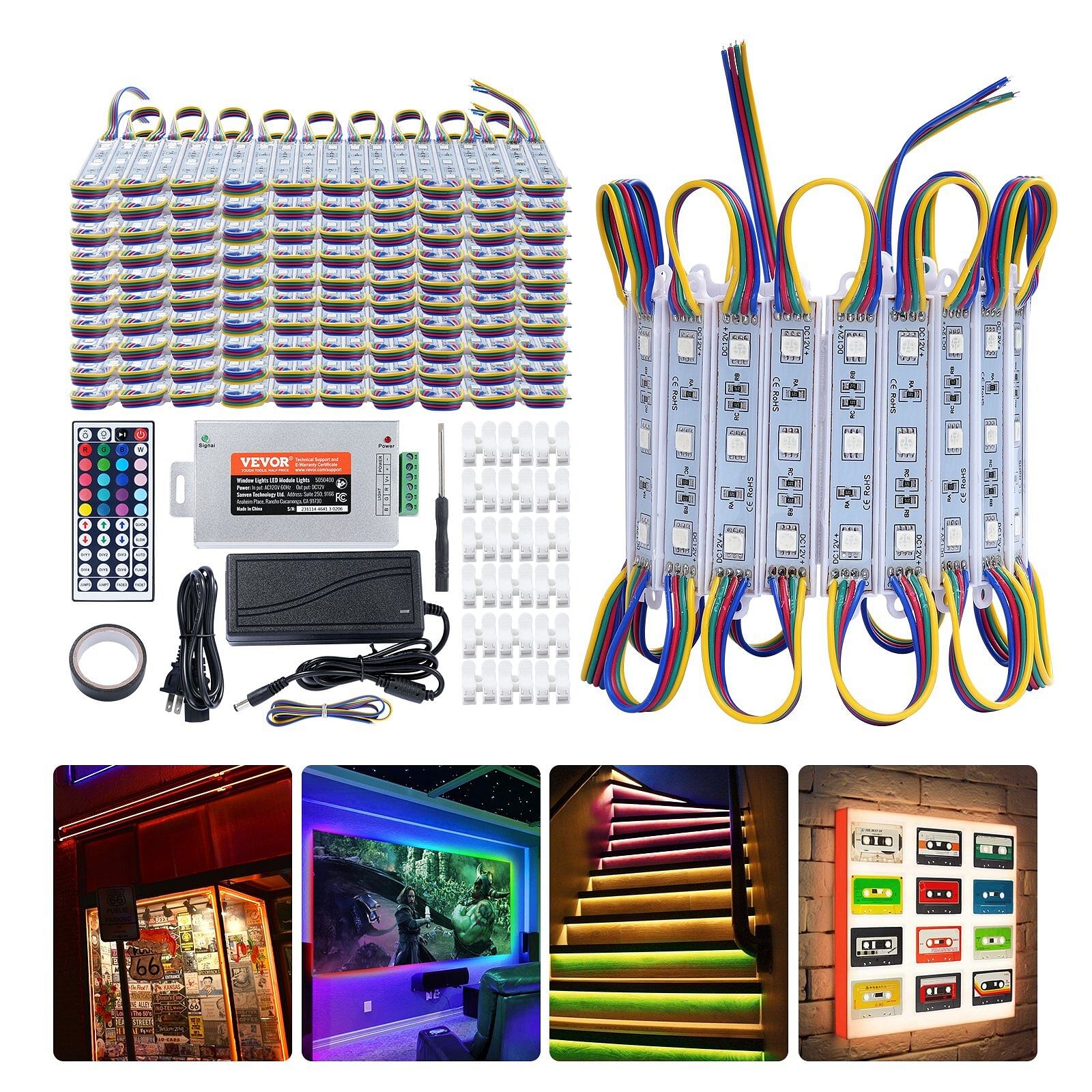 Vevor 200pcs led storefront lights, 103 ft, led module lights, 5050 smd 3-led rgb color changing window lights with remote control for business store window advertising letter signs, ip68 waterproof
