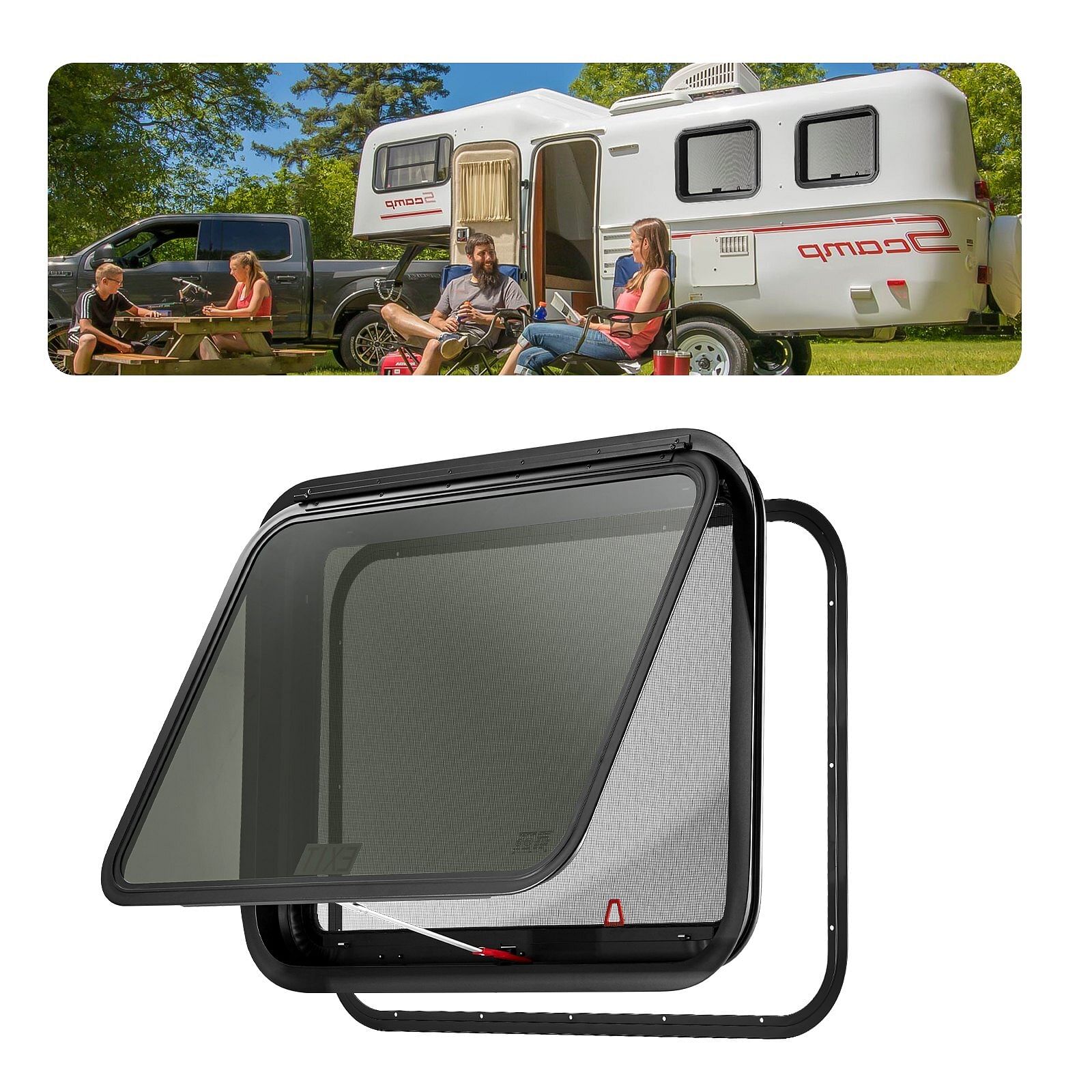Vevor exit rv window 30" w x 22" h emergency push out window w/ screen & ring