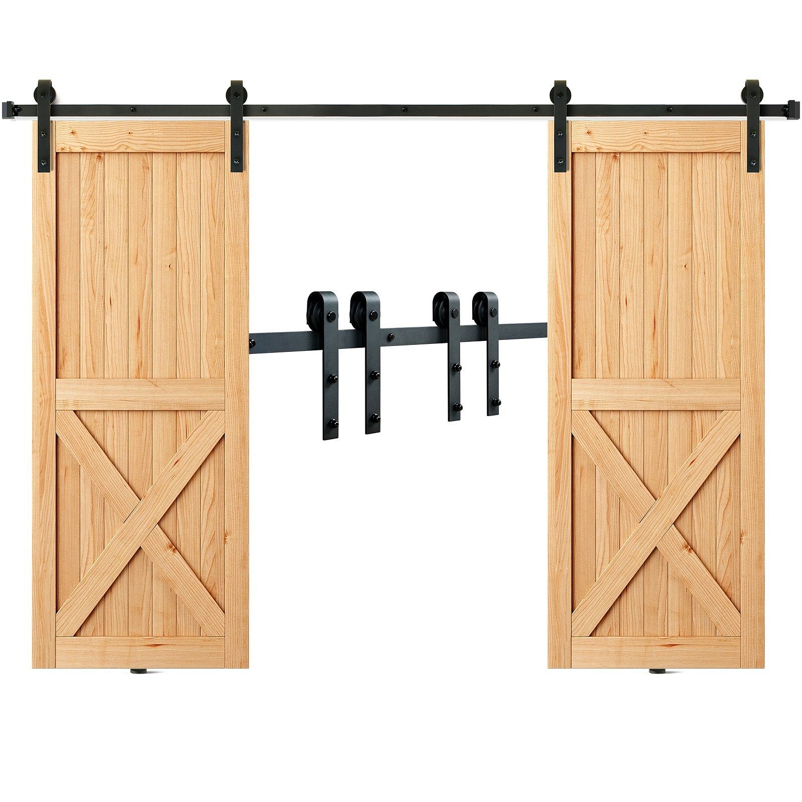 Vevor 8ft sliding barn door hardware kit, 330lbs heavy duty barn door track kit for double doors, fit 3.7-4.3ft total wide and 1.3"-1.8" thick 2 door panel, with smooth & silent pulley (j shape)
