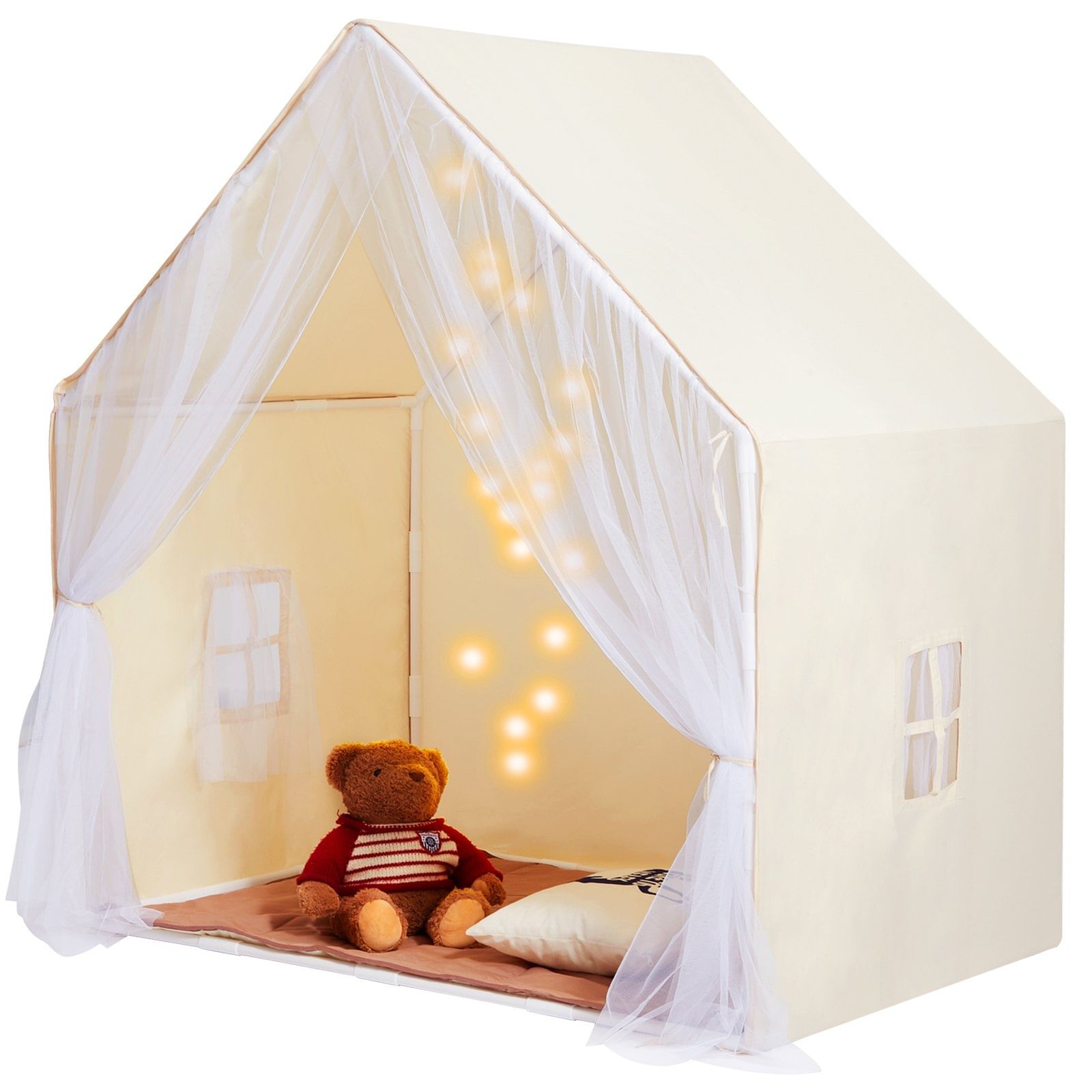 Kids play tent, kids tent for kids 1-5 years old, toddler tent with mat and tent lamp, tent for kids with windows for indoor and outdoor, yurt tent for boys and girls, beige