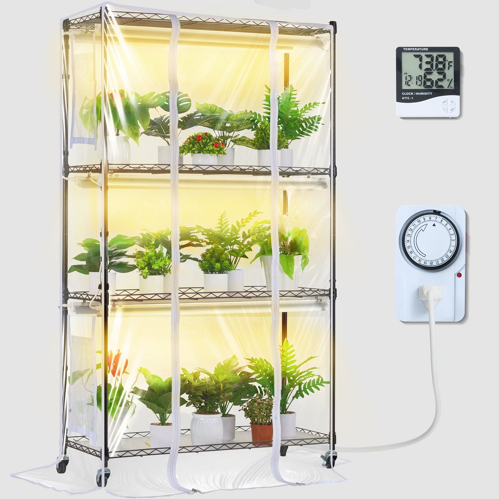Vevor plant stand with grow light, grow light shelf with cover and thermometer, 4 tiers 180w plant shelf with grow light, full spectrum light mini greenhouse plant stand with timer for seed starting