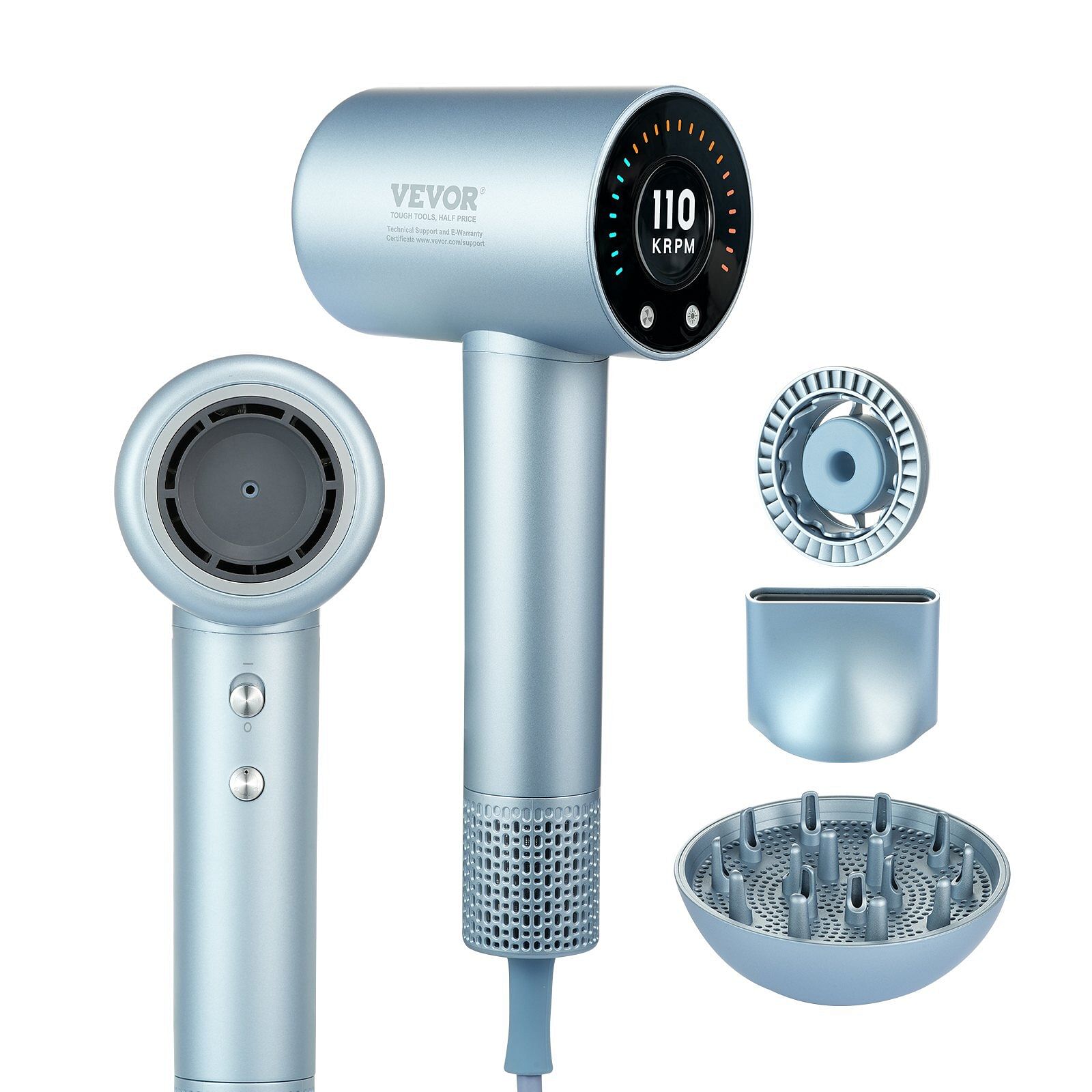 Vevor high-speed hair dryer with 105,000rpm brushless motor, 200 million negative ions hair blow dryer, 4 temps & 3 speeds, lcd display thermo-control hairdryer with diffuser & nozzle for home travel