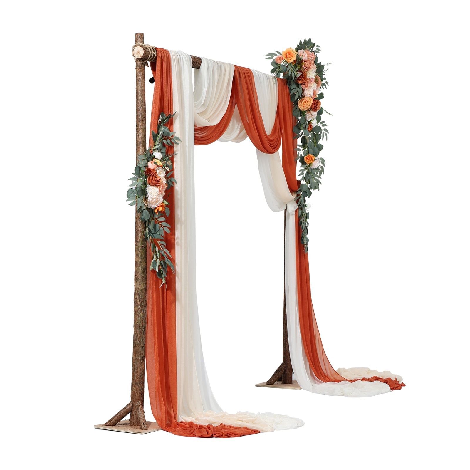 Artificial wedding arch flowers kit, orange wedding arch flowers with drapes kit (pack of 5) - 2 pcs floral arrangement, 3 pcs sheer drapes, for ceremony bouquets reception backdrop decoration