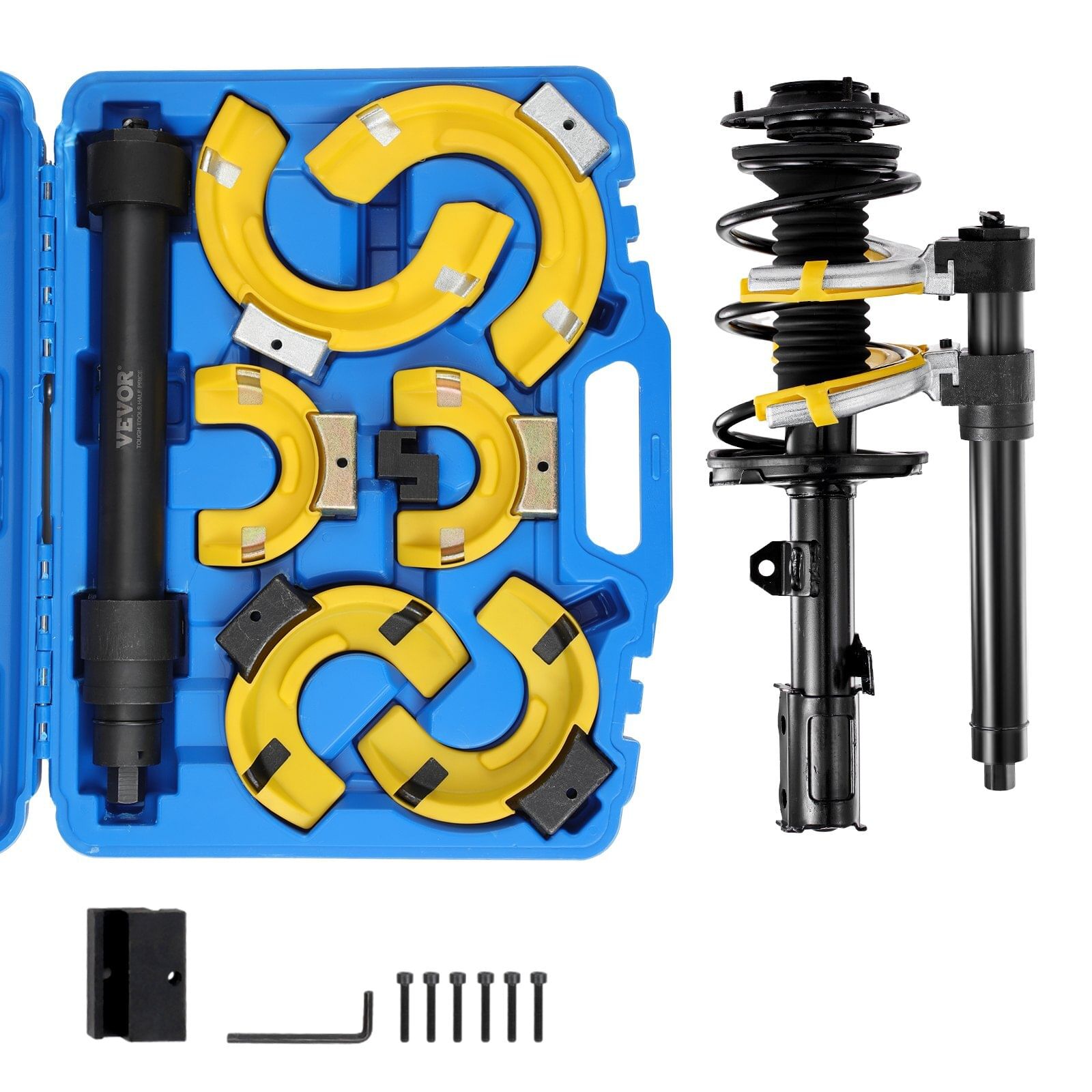 Strut spring compressor set, macpherson strut spring compressor kit, interchangeable fork strut coil extractor remover tool, with yellow protective sleeve and carrying case