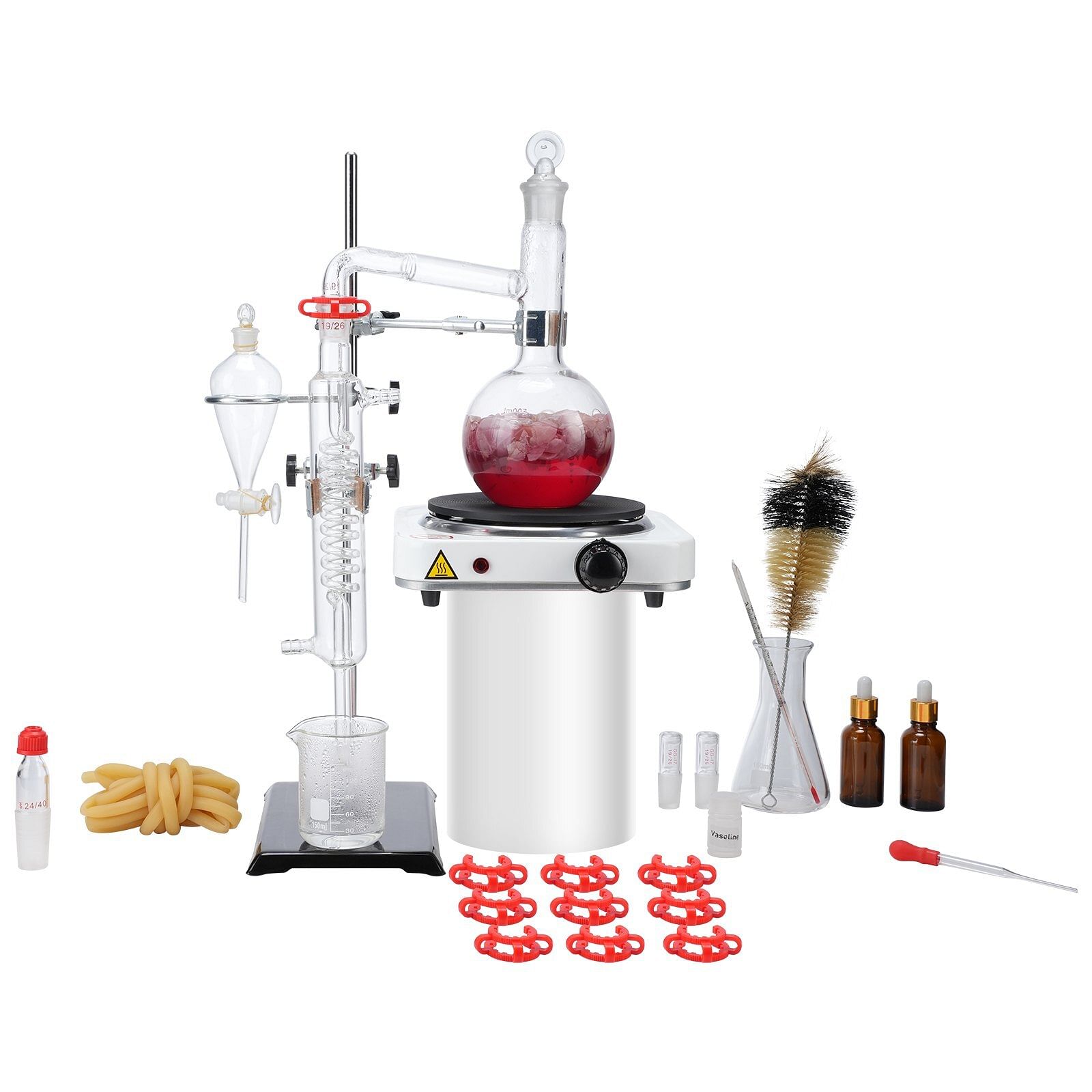 Vevor essential oil distillation kit, 500ml distillation apparatus, 3.3 boro lab glassware distillation kit with 1000w heating plate and 24, 40 joint, 33 pcs set