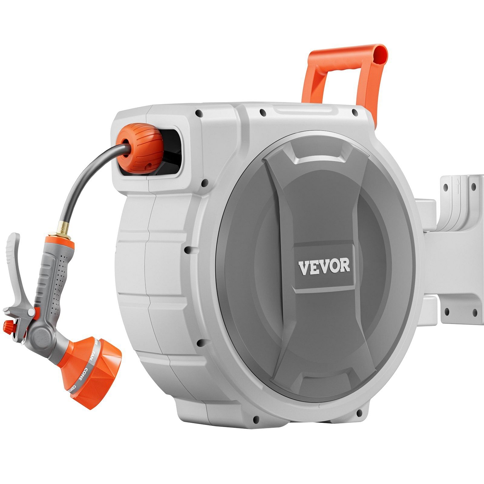 Vevor retractable garden hose reel, 1/2 inch x 84 ft wall mounted heavy duty garden hose reel with 9 patterns nozzle, any length lock, upgraded slow return system and 180?&deg;swivel bracket