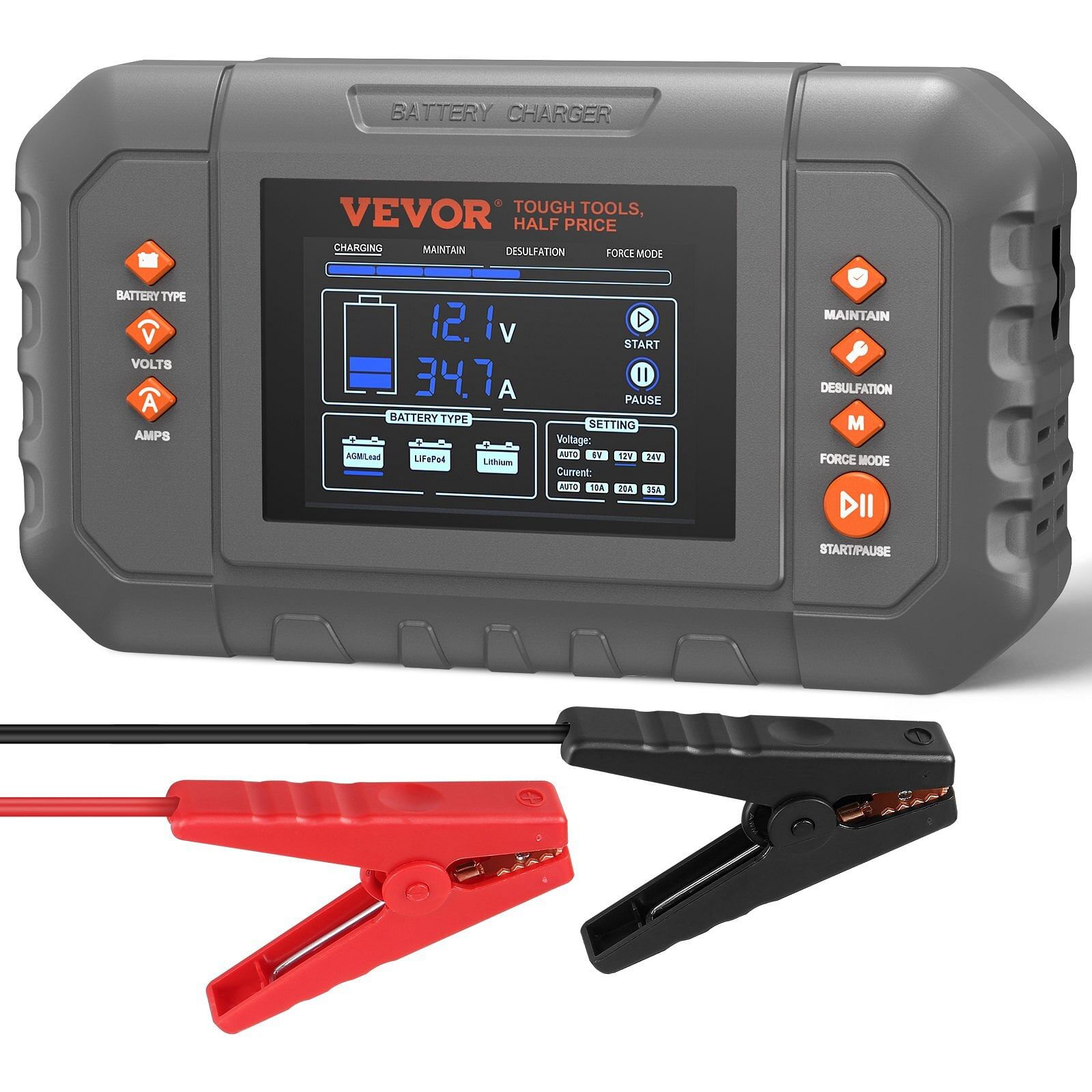 Vevor smart battery charger, 35-amp, lithium lifepo4 lead-acid (agm / gel / sla) car battery charger with lcd display, trickle charger maintainer desulfator for boat motorcycle lawn mower deep cycle