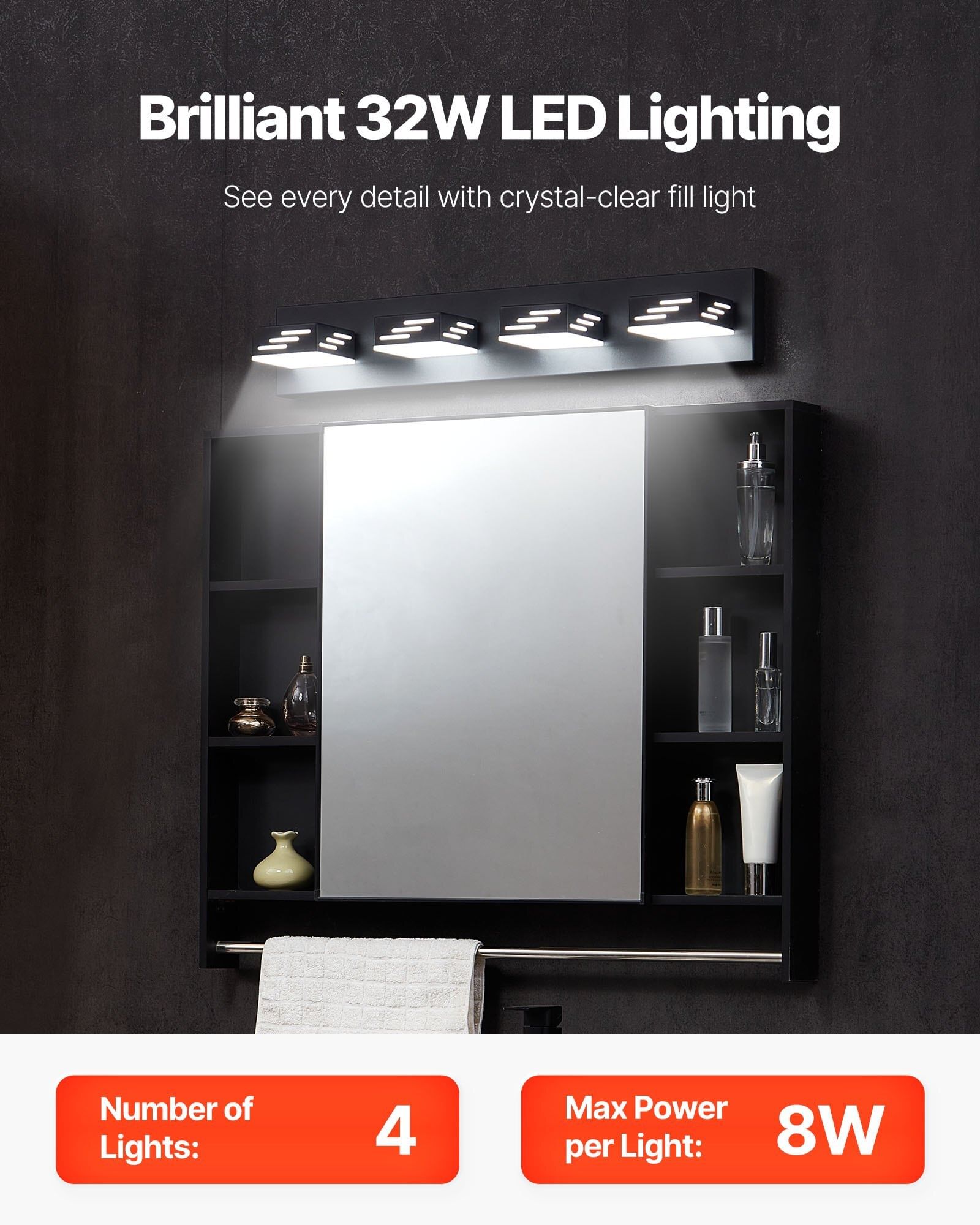 4-light led modern vanity light fixtures, 25.59-inch, black finish bathroom wall lighting fixture over mirror, with ip44 waterproof, for bathroom, living room, bedroom, hallway, cool white 6000k