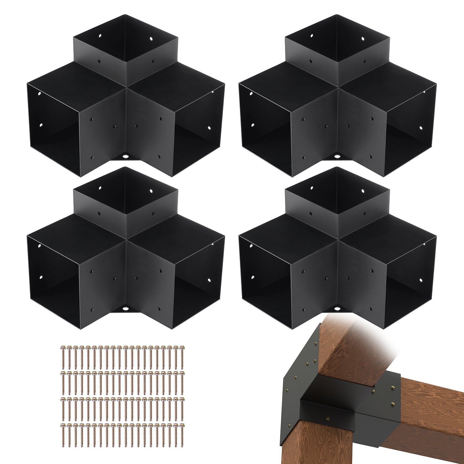 Vevor pergola bracket kit 6''x6'', 4pcs 3-way heavy duty corner bracket woodworks diy post base kit, easy installation wooden beams for gazebos, patio pergolas, log cabin outdoor pergola hardware