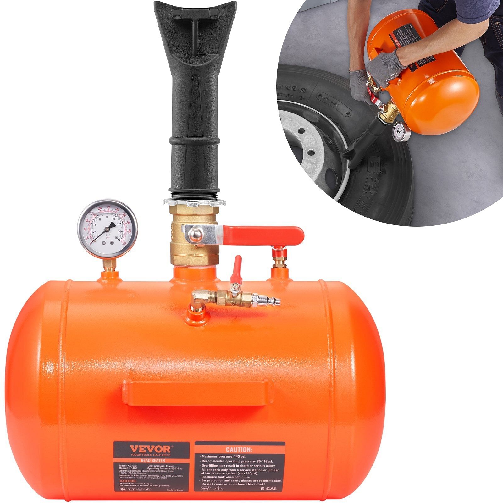 Vevor tire bead blaster, 5 gallon/19l capacity, includes pressure gauge & handle, 145 psi max inflation tank, operates between 85-116 psi for cars, trucks, and atvs