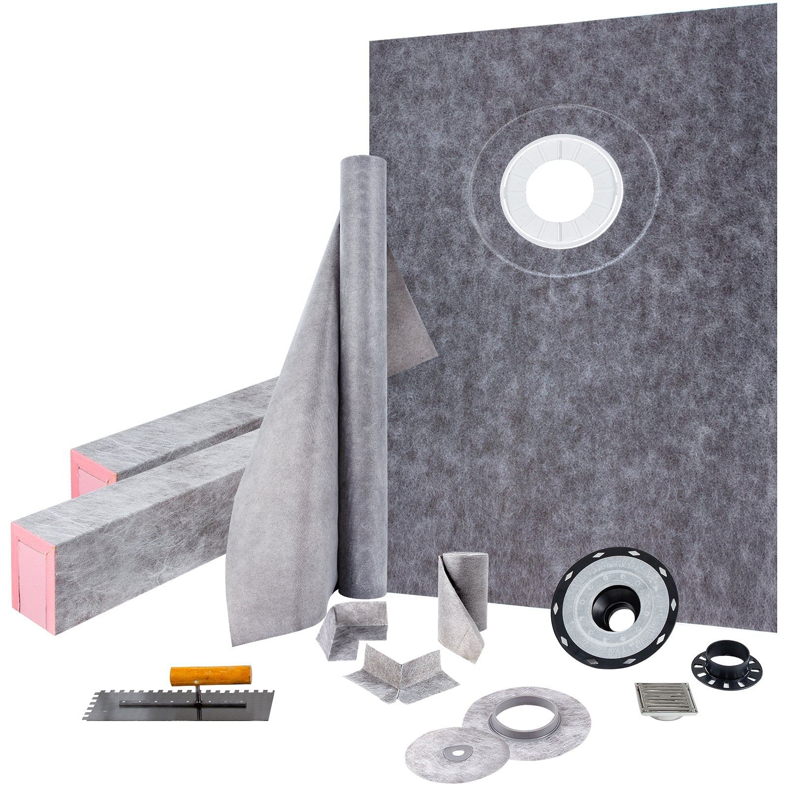 Vevor shower curb kit 38" x 60" watertight shower curb overlay with 4" pvc offset bonding flange, 4" stainless steel grate, 2 cuttable shower curb and trowel, shower pan slope sticks fit for bathroom