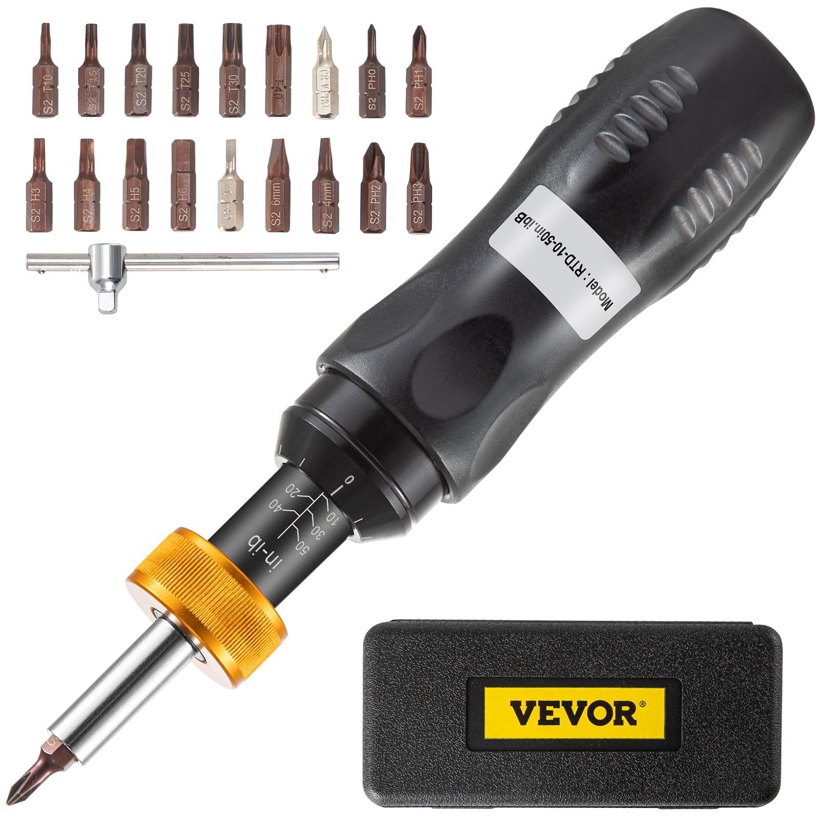 Vevor torque screwdriver, 1/4" drive screwdriver torque wrench, torque screwdriver electrician 10-50 in/lbs, torque range accurate to ?&plusmn;5%, 5 in-lb increment torque screwdriver with bits & case