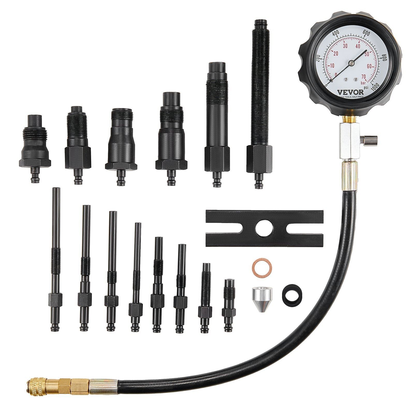 Vevor diesel engine compression tester, 18 pcs cylinder pressure test tool kit, with 0-1000 psi gauge and adapters, diesel injector tester check cylinders in diesel trucks, tractors, equipment