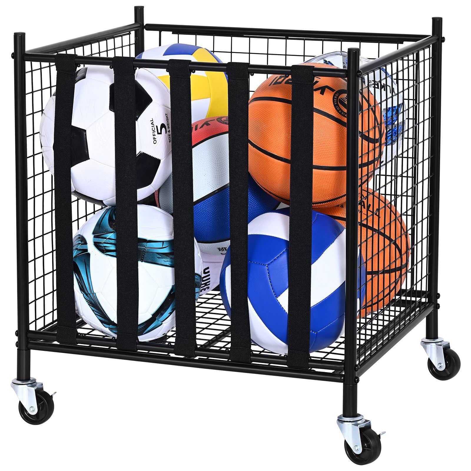 Vevor rolling sports ball storage cart, lockable basketball cage with elastic straps, sport equipment holder organizer for indoor outdoor, steel storage rack for garages, playgroup, gym and schools